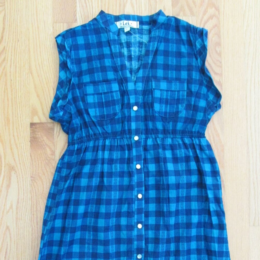 l.e.i. WOMEN'S JUNIOR'S SIZE S TOP NAVY BLUE & TEAL PLAID TUNIC MARIBETH SS NWT